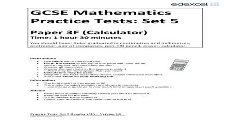 > Past Papers > GCSE Maths > Paper 3 > GCSE Edexcel Maths Paper 3 (Calculator) GCSE Edexcel Maths Paper 3 (Calculator) June 2018 (Higher) Mark Scheme Paper. . Gcse mathematics practice tests set 5 paper 3f calculator